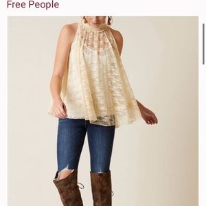 Free People Cream Myrna Lace Turtleneck Top